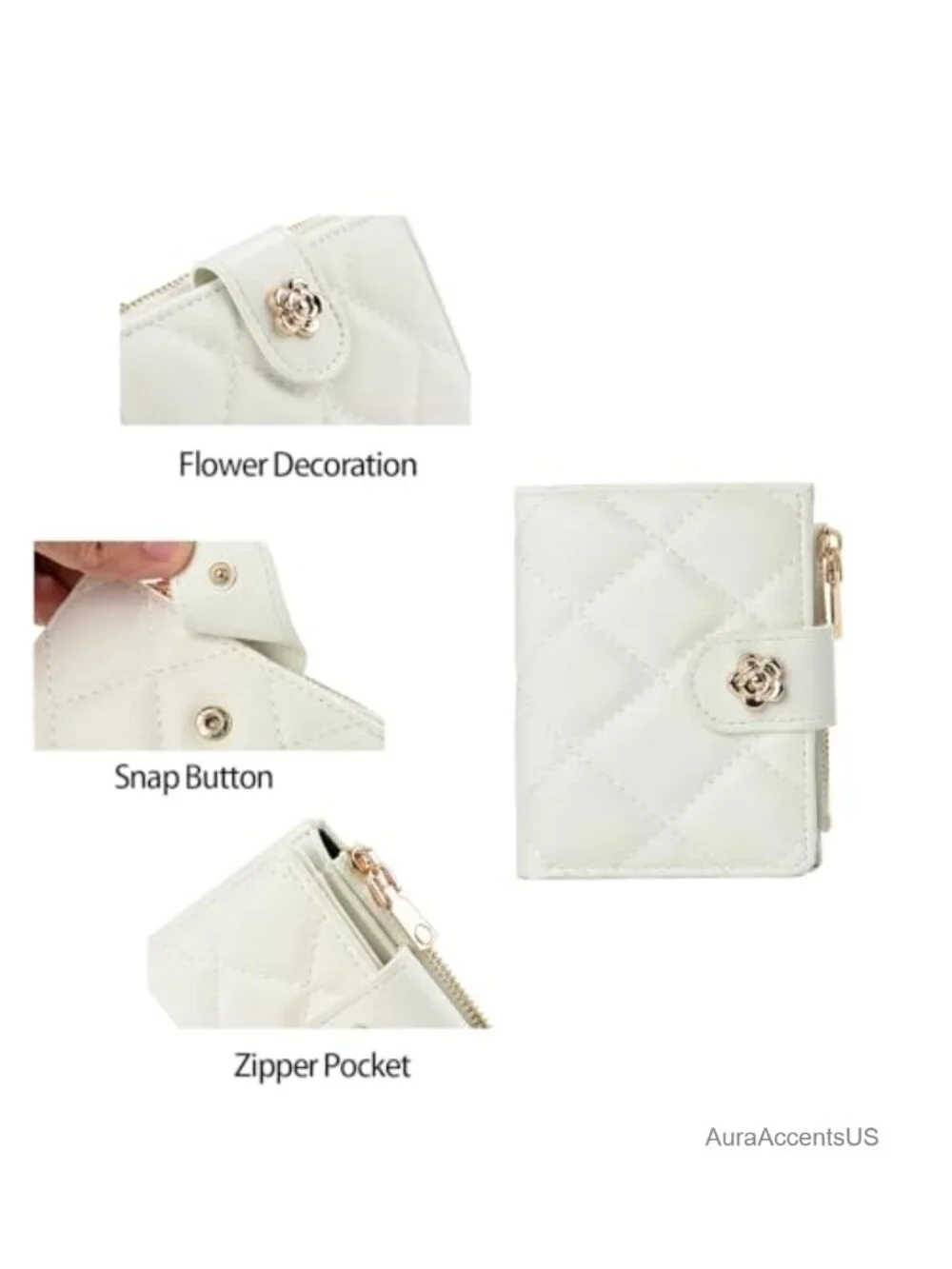 Small Faux Leather Quilted Floral Snap Wallet with Card Slots & Coin Zip Pouch